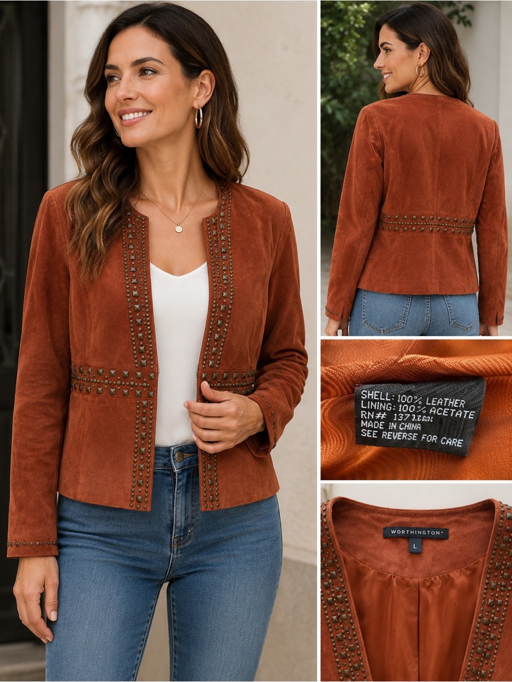 In Suede XL Genuine Leather Studded Jacket Rust Brown Open Front Western Boho